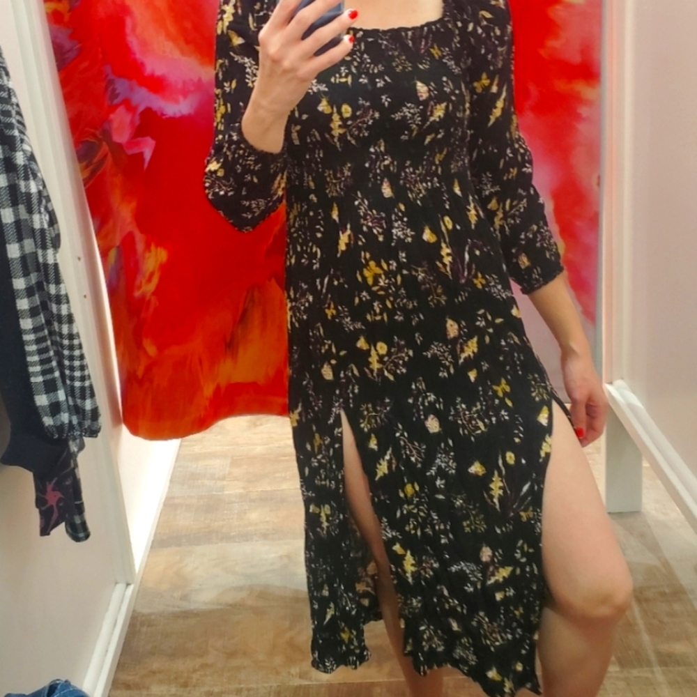 Urban Outfitters Kimchi Blue Boho Floral Dress Side Slits Gold Purple XS